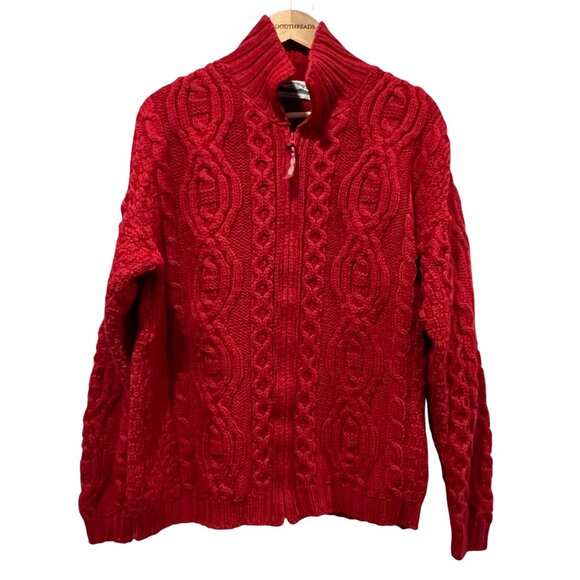 Aran Crafts Ireland Cable Knit Wool Zip Cardigan, Red, S/M - Picture 9 of 9